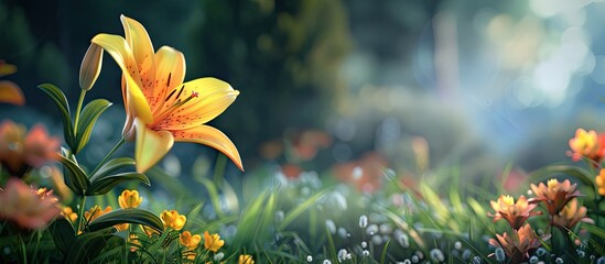 Aufkleber - A vibrant yellow lily blooming in a summer garden with a blank space for an image. . image with copy space