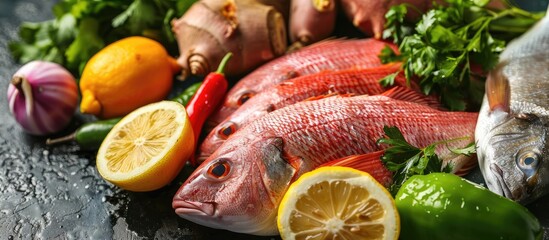 Poster - Fresh fish lemons onions hot peppers sweet potato and fresh coriander are used in making Peruvian ceviche displayed in a copy space image
