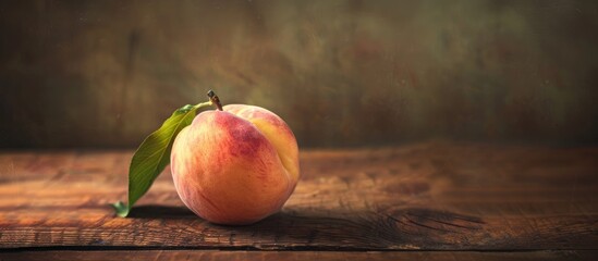 Poster - Stunning peach displayed on a wooden surface in a gorgeous photograph with ample copy space image