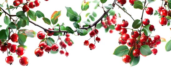 Poster - Red ripe hawthorn berries are displayed on branches in a harvest of medicinal plants for treating vitamin deficiency and high blood pressure with a blank space for adding images.
