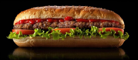 Poster - A delicious sandwich made with ground meat patty typically beef served in a sliced bun often containing lettuce tomatoes and condiments. . image with copy space