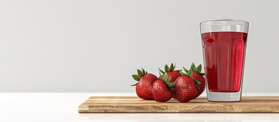 Poster - A red glass cocktail can with water three strawberries and two dry spikelets of lagurus are displayed on a wooden kitchen cutting board on a white background providing a copy space image