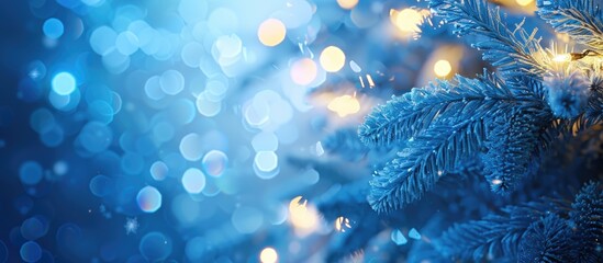 Poster - Close up of a blue Christmas garland with a beautifully glowing appearance and copy space image
