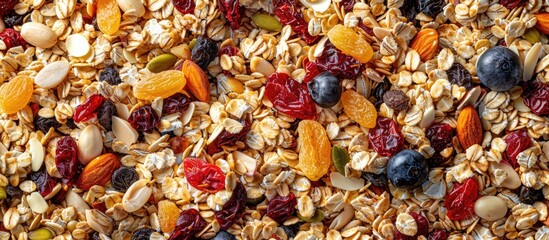 Aufkleber - Nutritious granola or muesli blend featuring an array of dried fruits nuts and grains perfect for a copy space image