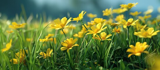 Poster - yellow flowers blooming beautifully in a spring field showcasing a charming scene with copy space im
