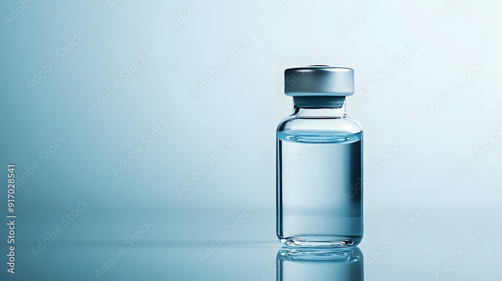 Glass vial with transparent liquid, medical vaccine bottle, metallic ...