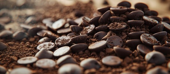 Poster - A plethora of chocolate chips crumbs and chocolate remnants ideal for culinary and dessert creations create a picturesque scene in the copy space image
