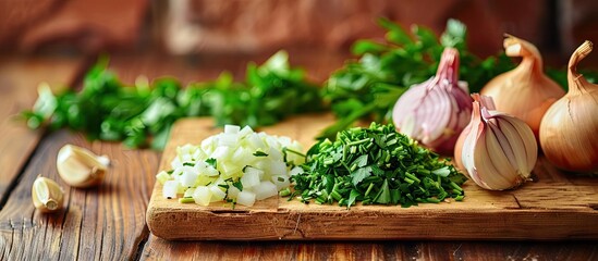 Poster - Freshly chopped garlic onion shallot and parsley displayed on a wooden board with copy space image