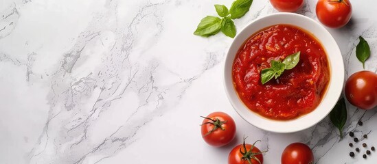 Poster - Bowl of delicious tomato sauce on a white background with copy space image