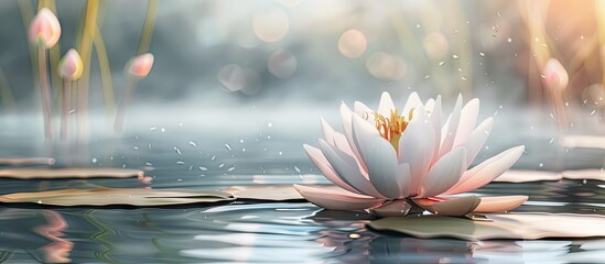 Wall Mural - Gorgeous lotus blossom in a serene pond setting with ample copy space image