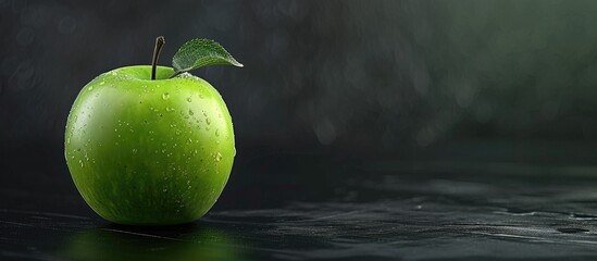 Poster - Isolated green apple on a black backdrop with copy space image