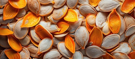 Poster - Pumpkin seeds without shells perfect for adding texture and flavor with a copy space image available for showcasing