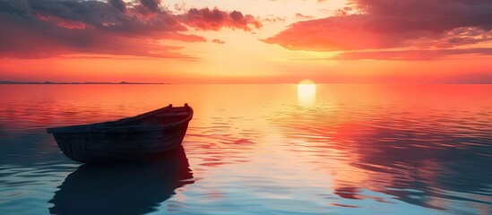 Poster - An old boat silhouetted against a vibrant sunrise with a copy space image