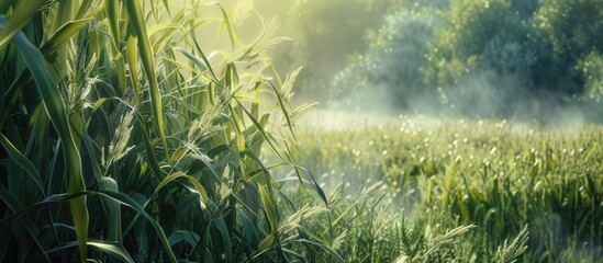 Poster - in summer there are corn stalks in the field with empty space available for images. . image with cop