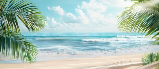 Poster - A serene beach scene with palm branches against a tranquil sea backdrop suitable for a copy space image