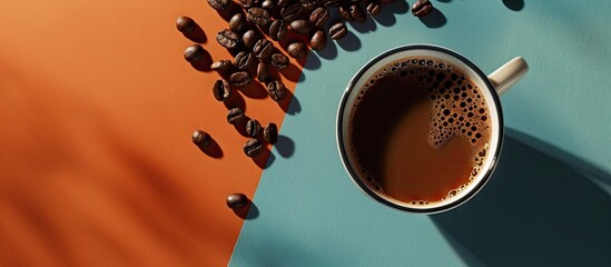 Poster - A tempting freshly brewed cup of coffee with coffee beans shot from above with a spacious copy space image