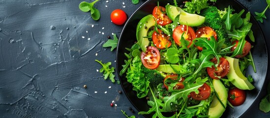 Poster - Healthy vegetarian lunch of green salad with avocado tomatoes and a vibrant copy space image
