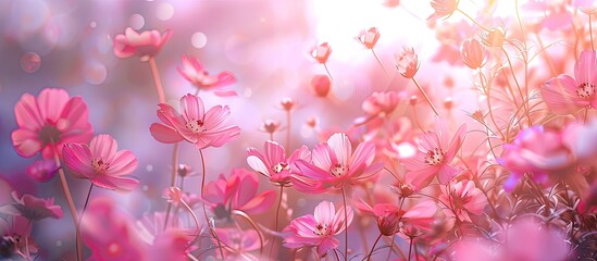 Aufkleber - Pink flowers beautifully arranged in a garden set against a bright sky make for a stunning copy space image