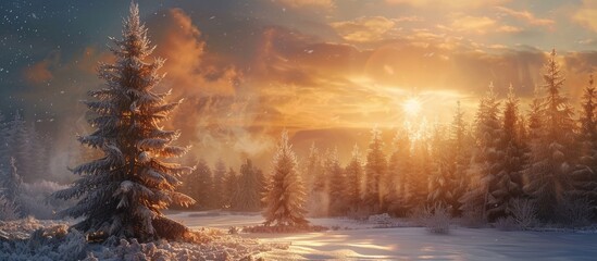 Poster - A stunning sunset shines through wintry trees and a large pine tree as day fades with selective focus on a beautiful landscape creating a serene copy space image