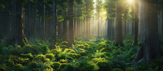 Aufkleber - Sunlight filters through a lush magical forest of conifer trees with vivid green moss adding to the enchanting scenery ideal for a copy space image
