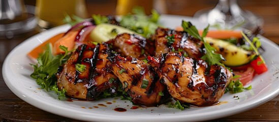 Aufkleber - A white plate features barbecued chicken meat on a salad with vegetables the image has selective focus for a professional appearance. . image with copy space