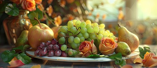 Poster - Plate with a variety of fresh fruits like roses green grapes and pears placed with copy space image