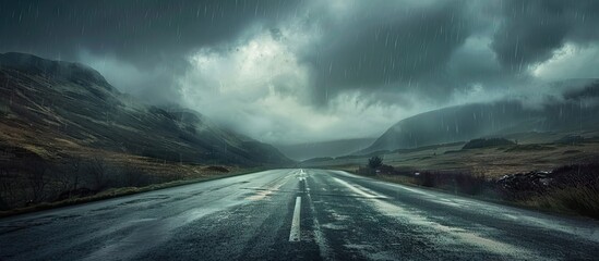 Poster - Scenic view of a mountainous landscape on an asphalt road with dark clouds overhead just before a heavy rainfall perfect for a copy space image