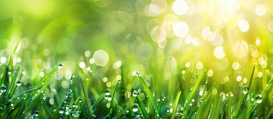 Poster - Fresh green grass creates a serene backdrop for water droplets on a dewy morning ideal for a copy space image