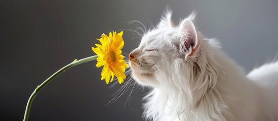 Poster - White fluffy cat smelling a bright yellow gerbera daisy against a neutral gray backdrop Great pic for animal lovers or pet owners Copy space image