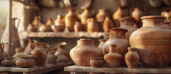 Poster - Pottery workshop scene with earthenware vessels displayed giving an authentic artisanal vibe ideal for a copy space image