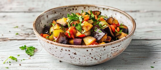 Poster - Studio photograph of a ceramic bowl with vegetable saute featuring eggplants set on a white wooden table with ample copy space for images