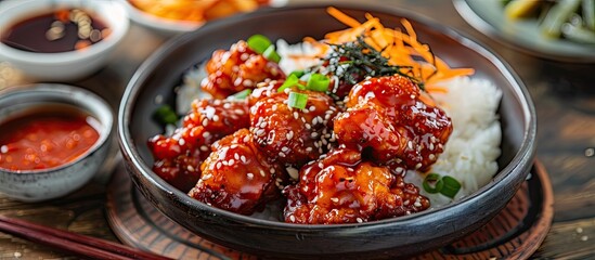 Poster - Korean fried chicken served with a spicy sauce on a wooden table with rice seaweed and kimchi pickle creating a vibrant presentation with copy space image