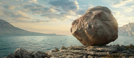 Poster - Large boulder perched on the rugged shore with a spacious copy space image