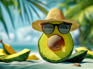 Wall Mural - A cartoon avocado wearing sunglasses and a straw hat is sitting on a beach. The scene is bright and sunny, with the avocado looking relaxed and carefree