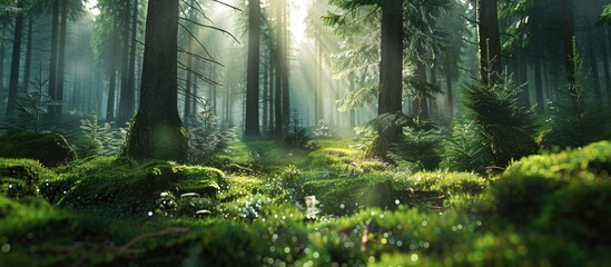 Aufkleber - Sunlight filters through a lush magical forest of conifer trees with vivid green moss adding to the enchanting scenery ideal for a copy space image