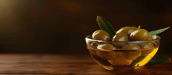 Poster - Glass bowl with olives immersed in extra virgin olive oil has copy space image