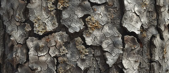 Poster - Weathered tree bark showing signs of age with patches of lichen growth suitable for a copy space image