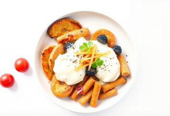 Wall Mural - A plate of fried bread with cream, berries, and carrot sticks.