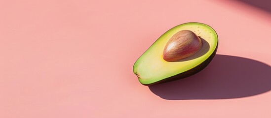 Poster - A halved and sliced avocado is displayed on a pink background illustrating a concept of nutritious fruits with copy space image