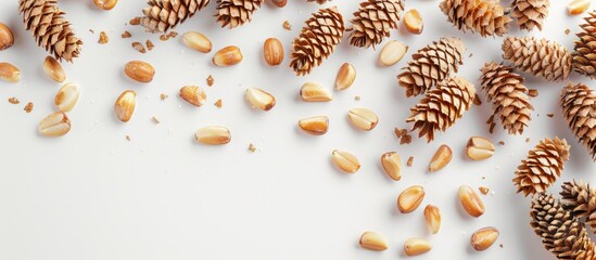 Poster - Pine nuts with their shells removed on a white acrylic surface with ample copy space image