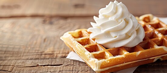 Wall Mural - Delicious waffles topped with fluffy whipped cream make a delectable breakfast treat against a charming copy space image