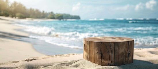 Poster - A wooden pedestal on a tropical beach with room for your decoration featuring a copy space image
