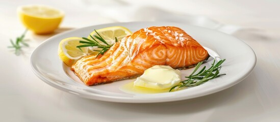 Poster - Salmon fillet roasted with butter elegantly presented on a white plate with ample copy space image