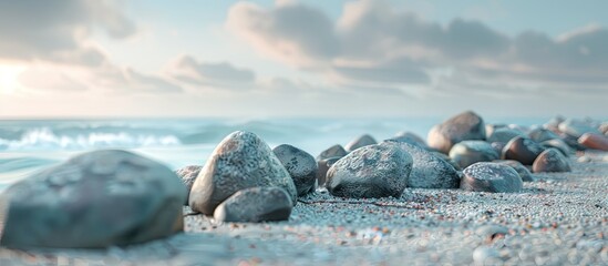 Poster - Breakwater stones act as a protective barrier against beach erosion creating a serene coastal environment with a captivating copy space image