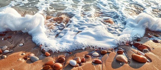 Aufkleber - Ocean waves crash against the shore leaving behind sea foam and reddish brown stones scattered along the sandy beach with a captivating view perfect for a copy space image