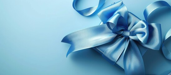 Poster - Blue bow and ribbon adorn a gift box in the copy space image