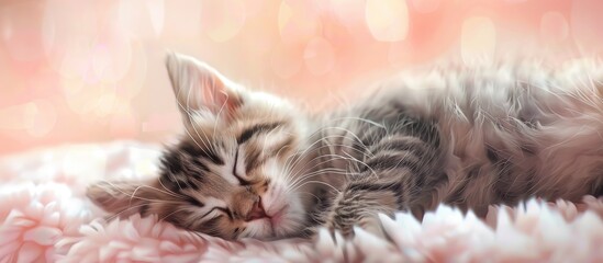 Poster - Adorable newborn kitten with fluffy fur peacefully asleep near copy space image