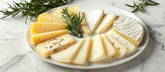 Varieties of cheese sliced on a plate garnished with rosemary with copy space image included