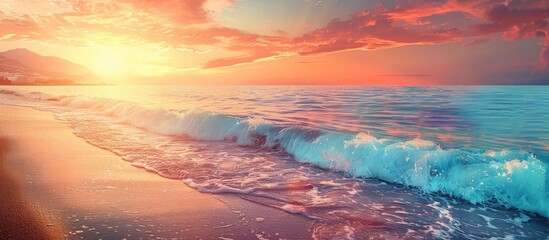 Canvas Print - Beautiful summer beach landscape at sunset with vibrant colors reflecting in calm waves featuring a serene Mediterranean coast with a scenic horizon view and a soft sandy beach perfect for a copy spa