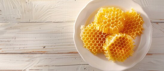 Poster - Morning sunlight illuminates natural beeswax honeycombs with fresh honey on a white plate set on a white wooden surface providing a picturesque copy space image